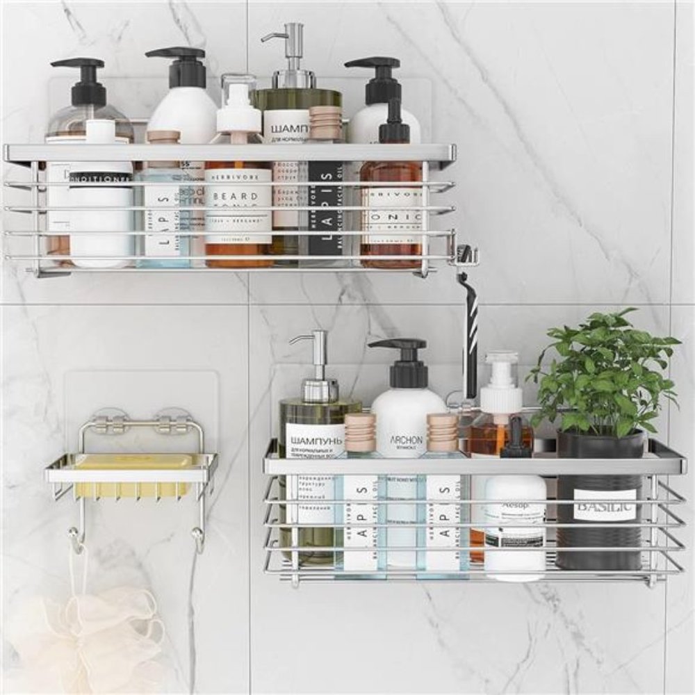 Silver Shower Organizer Shower Caddy Basket with Hooks Soap Dish Holder Shelf